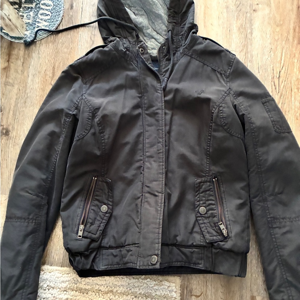 American Eagle Outfitters Black and Gray Hooded Jacket